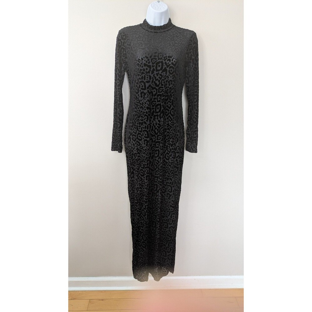 Vtg 90s Y2K Velvet Burnout Bodycon Maxi Dress L Whimsigoth Sheer High Neck